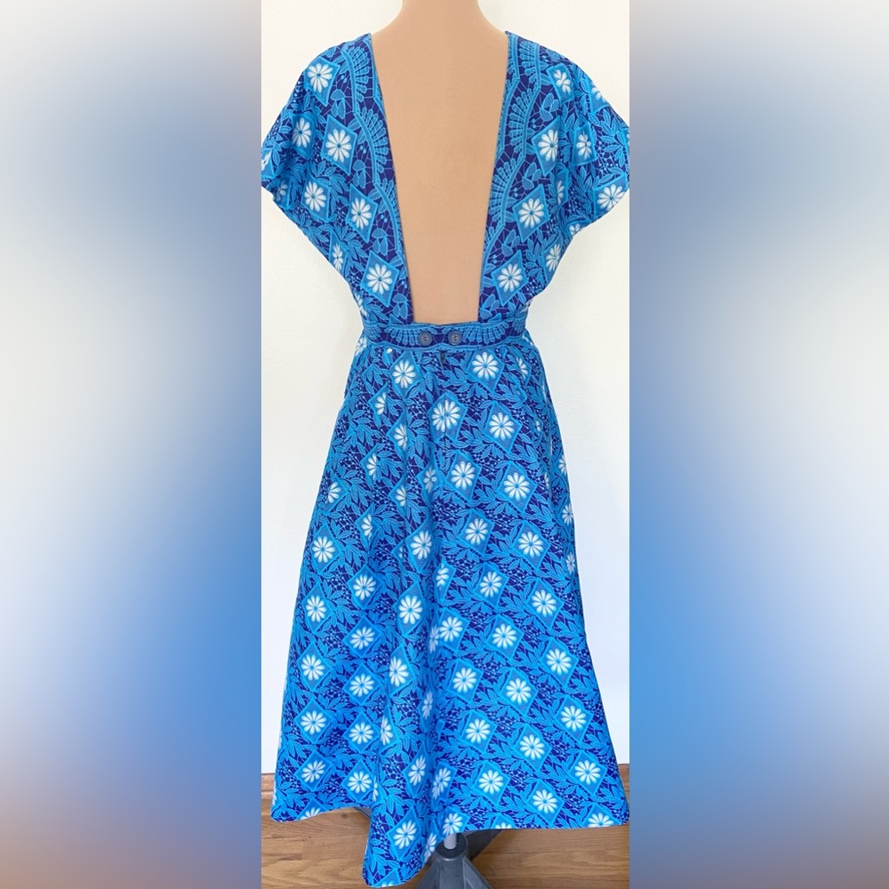 Vintage 50s-Inspired Cotton Sundress *Large* BLUE Embellished Backless Dress - Picture 5 of 7